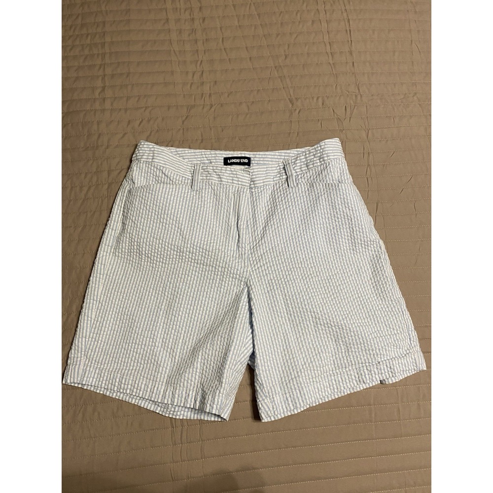 Lands End Womens Shorts Size 8 Blue White Seersucker Striped Mid Rise Flat Front